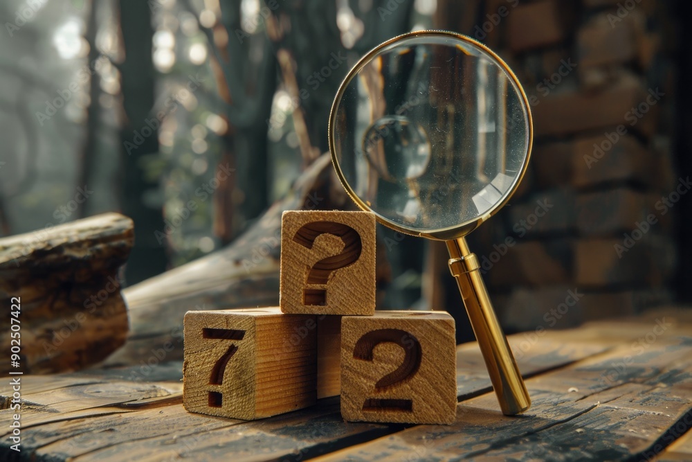Poster close-up of a magnifying glass resting on top of stacked wooden blocks, great for science or detecti