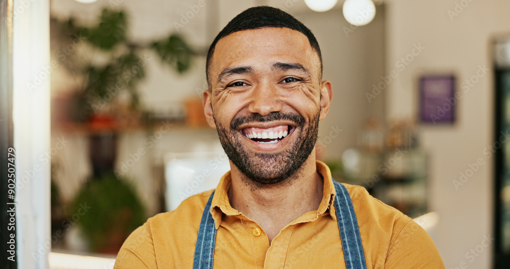 Canvas Prints Portrait, smile and man at coffee shop entrance for opening with friendly welcome of hospitality. Cafe, glass door and retail with happy restaurant owner or waiter at store for greeting or service