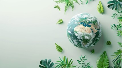 Earth Globe Surrounded by Green Leaves on a Light Green Background