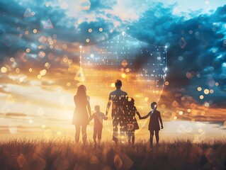 Family Shielded by Comprehensive Digital Insurance Coverage Concept