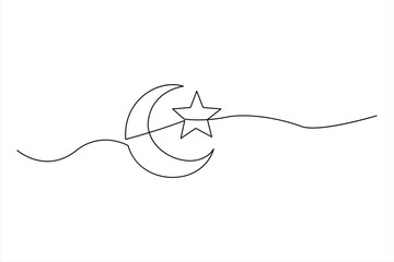 Continuous one line drawing of moon icon. Crescent moon for Ramadan isolated on white background outline vector art illustration