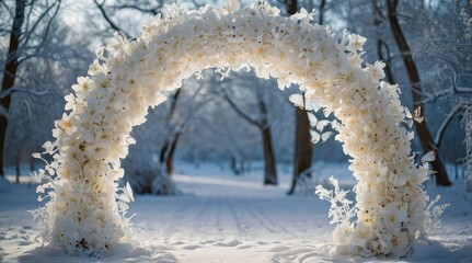 White Floral Archway in a Snowy Winter Forest with Butterflies, digital backdrop