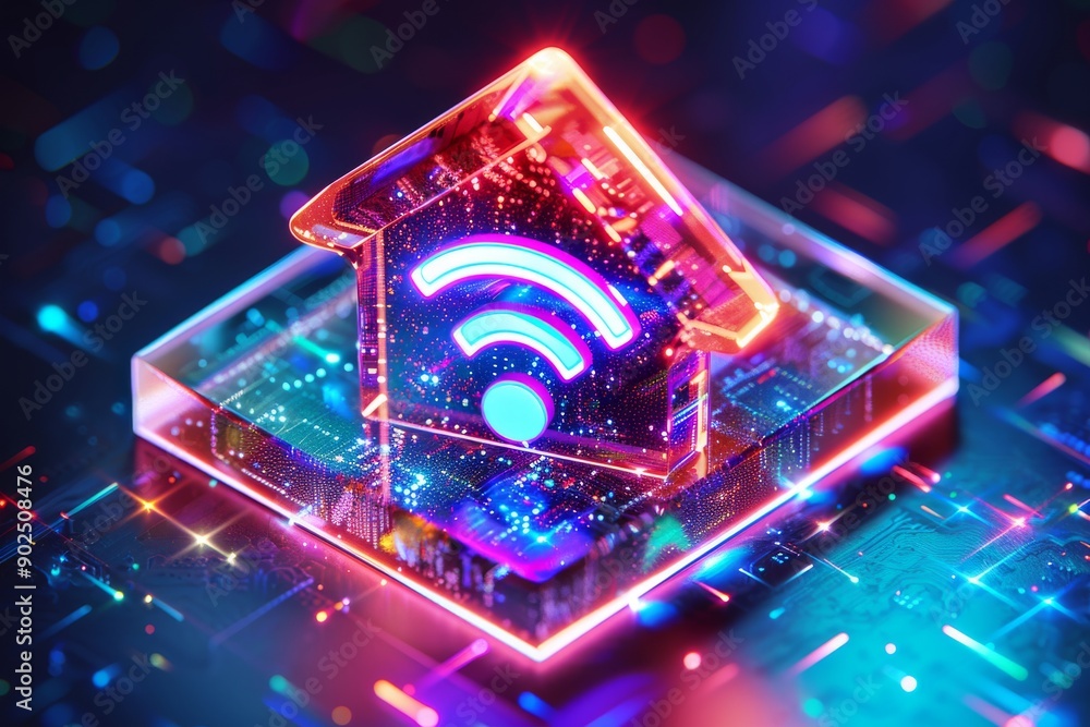 Aufkleber neon smart home icon on digital network concept of advanced technology connectivity and innovation i