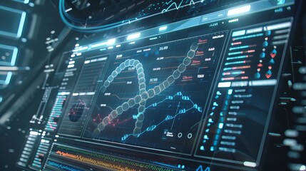 Obraz premium Scientific Hologram DNA Medical Screen with Hud Data Analyzer, Advanced Generative Technology