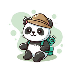 Cute panda in a hat with a backpack. Vector illustration.