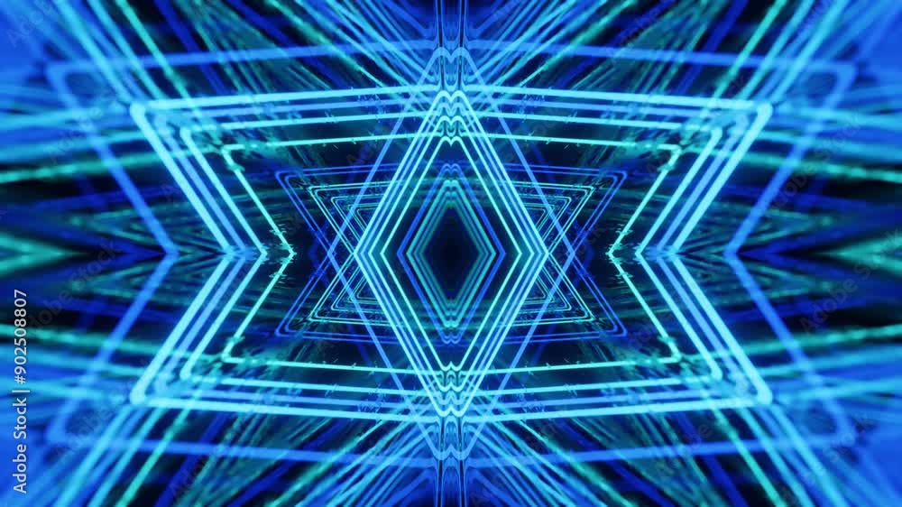 Poster 4k seamless looped animation. fly through mirror symmetrical tunnel with neon pattern, sci fi glow p