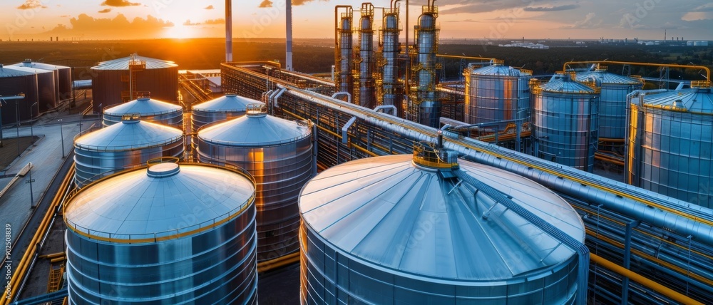 Poster rows of large storage tanks in an industrial setting, representing bulk supply storage, metallic str