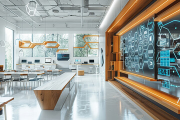 Modern classroom equipped with the latest technology and screens.
