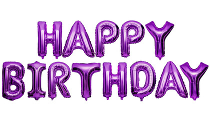 purple metallic letter balloons spelling happy birthday;  on isolated white background , alphabet balloons concept.