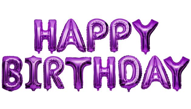 purple metallic letter balloons spelling happy birthday;  on isolated white background , alphabet balloons concept.