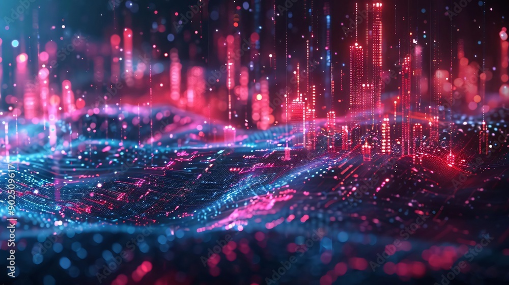 Poster vibrant digital landscape with glowing lights and dynamic patterns, perfect for tech and futuristic 