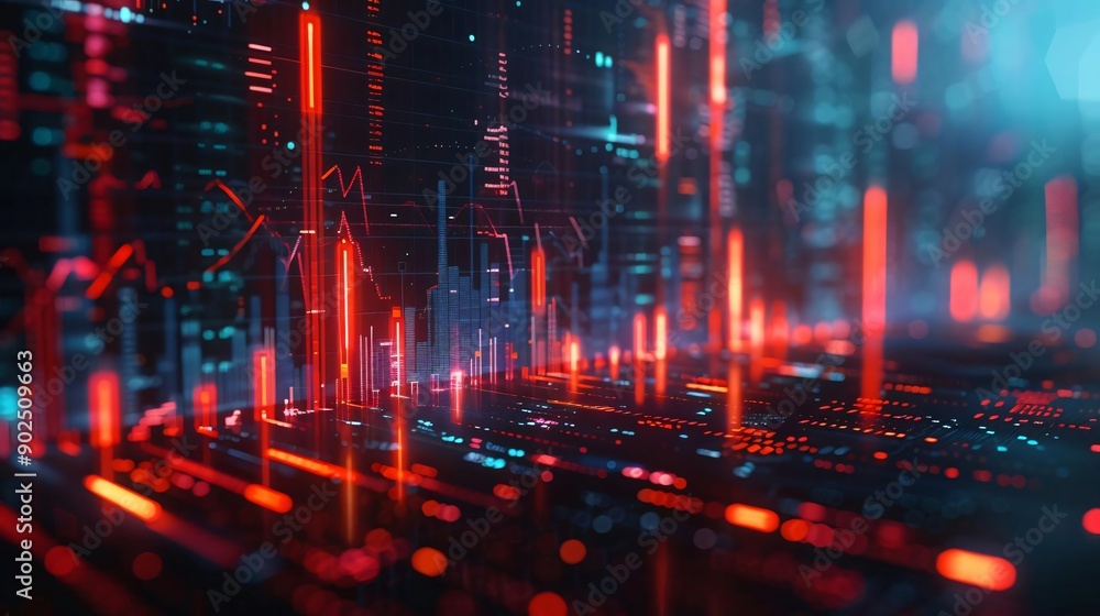 Poster abstract digital background featuring dynamic red and blue light patterns and data visualizations.