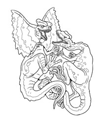 Fight between two predatory dinosaurs - Liliensternus and Dilophosaurus. Dinosaur battle to color in. Drawing with prehistoric animals.