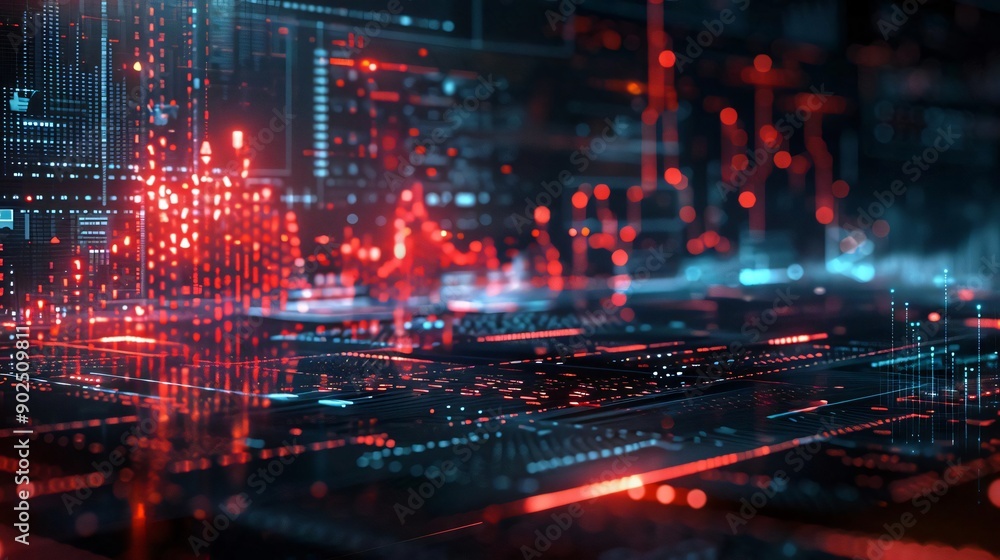 Poster futuristic data visualization showcasing vibrant red and blue patterns, representing technology and 