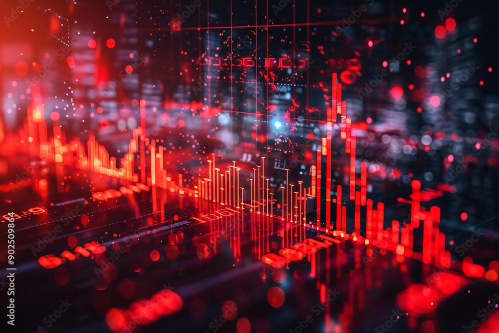 Poster dynamic red data visualization with digital graphs and charts, showcasing financial trends and marke