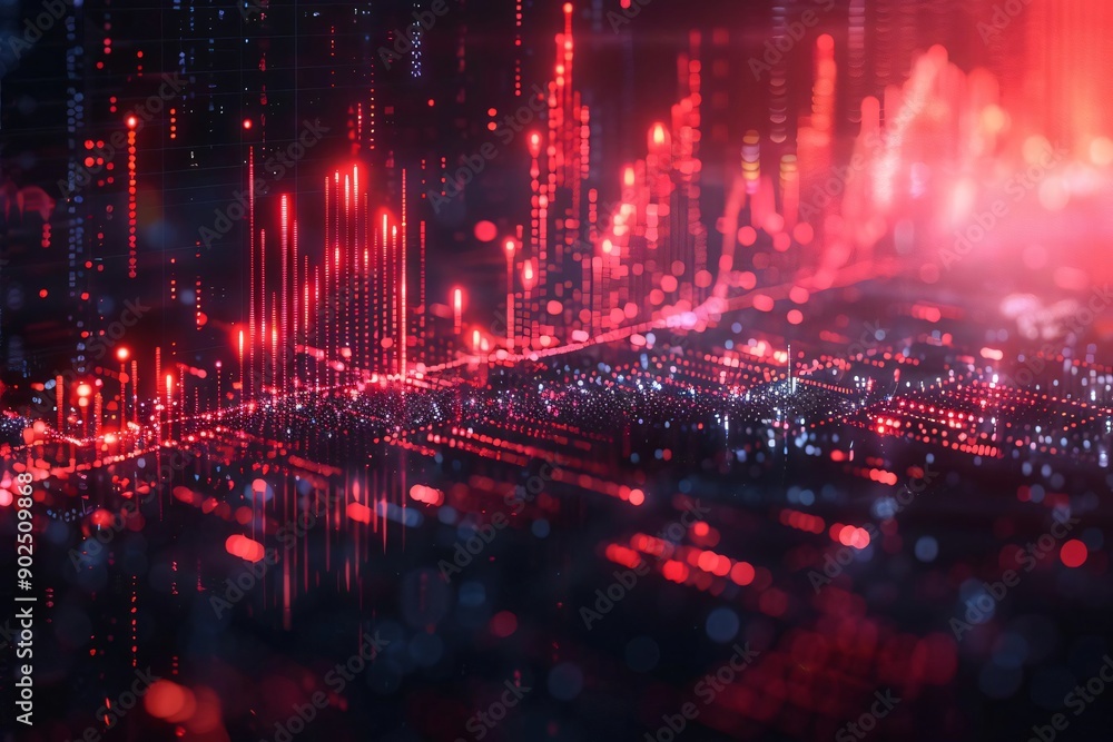 Poster abstract digital visualization of data streams with vibrant red colors, representing technology and 