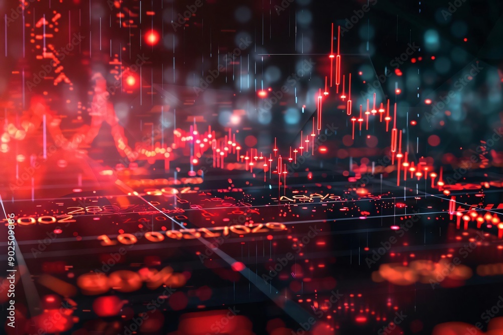 Poster abstract digital financial data visualization with glowing red and blue elements, showcasing stock m