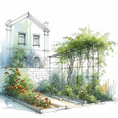 Sustainable Gardening: Watercolor Architectural Drawing of a Vibrant Tomato Garden
