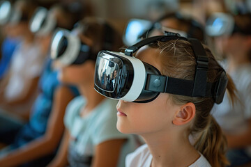Children wearing virtual reality glasses in a classroom at a lesson, a high-tech classroom for teaching children. Generated by artificial intelligence