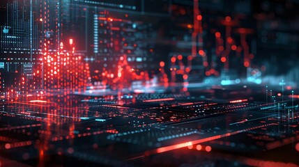 Fototapeta premium Futuristic data visualization showcasing vibrant red and blue patterns, representing technology and digital analysis in a modern setting.