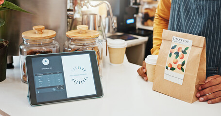 Small business, tablet and payment with person in cafe, customer bill and online processing with digital app. Cafeteria, paper bag and screen interface with server staff, fintech and coffee shop sale