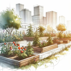 Eco-Friendly Gardening: Watercolor Illustration of Tomato Plants in an Urban Garden