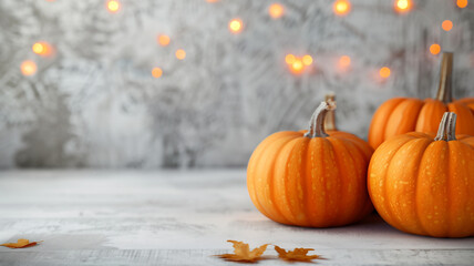 Pumpkin with Blurred Festive Lights Background, Cozy Fall Atmosphere.