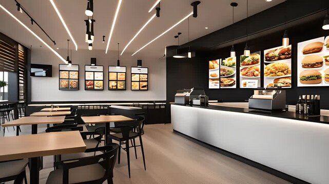 Stylish wooden counter in minimalist fast food restaurant