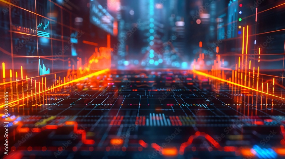 Poster futuristic digital landscape featuring glowing data visuals and vibrant analytics on a dark backgrou