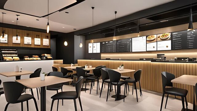 Contemporary fast food restaurant with white tables and black chairs