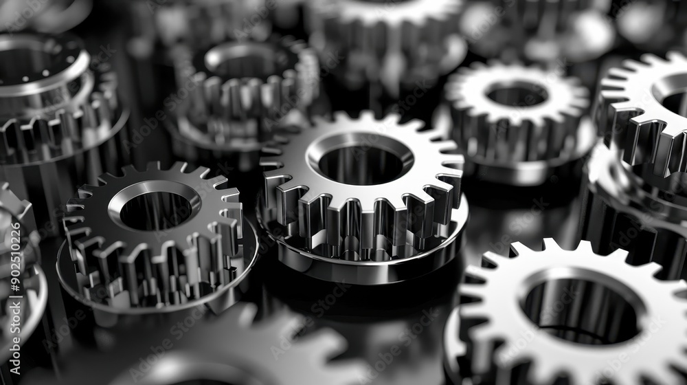 Poster close-up view of metallic gears, showcasing intricate design and precision. ideal for engineering, m