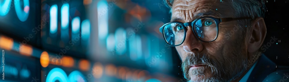 Poster focused man analyzing data on modern digital screens in a high-tech environment. ideal for tech-rela