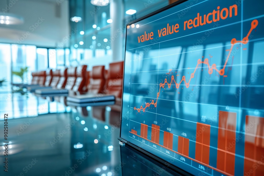 Poster modern office setting showcasing a data chart with a focus on value reduction, symbolizing corporate