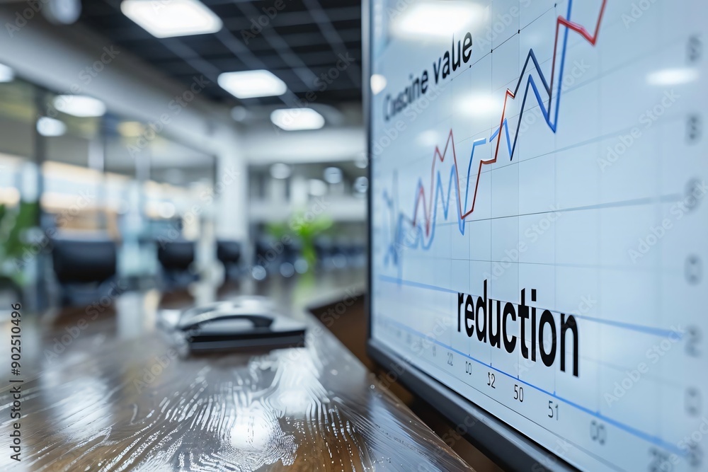 Poster a close-up view of a screen displaying a financial graph with the word 'reduction', illustrating bus