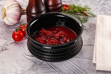 Homemade red soup Borsch with cabbage