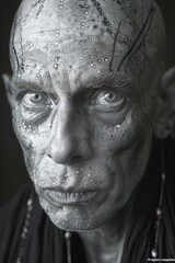 Man portrait with rangoli voodoo acupuncture, ornate acupuncture needles and detailed expressive eyes, black and white