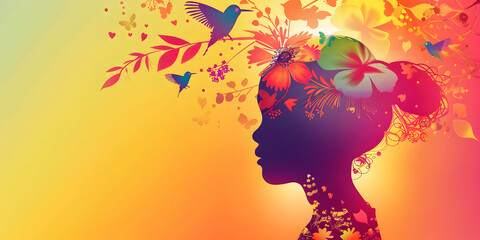 Silhouette of a Girl with Floral and Bird Elements in a Colorful Dreamy Atmosphere