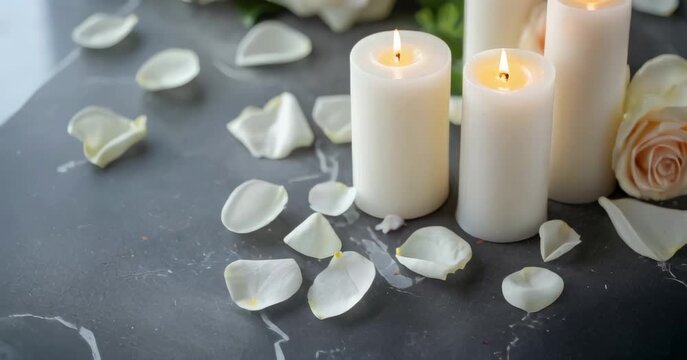 White candles with roses and flowers petals, funeral memrial, sympathy and condolences card
