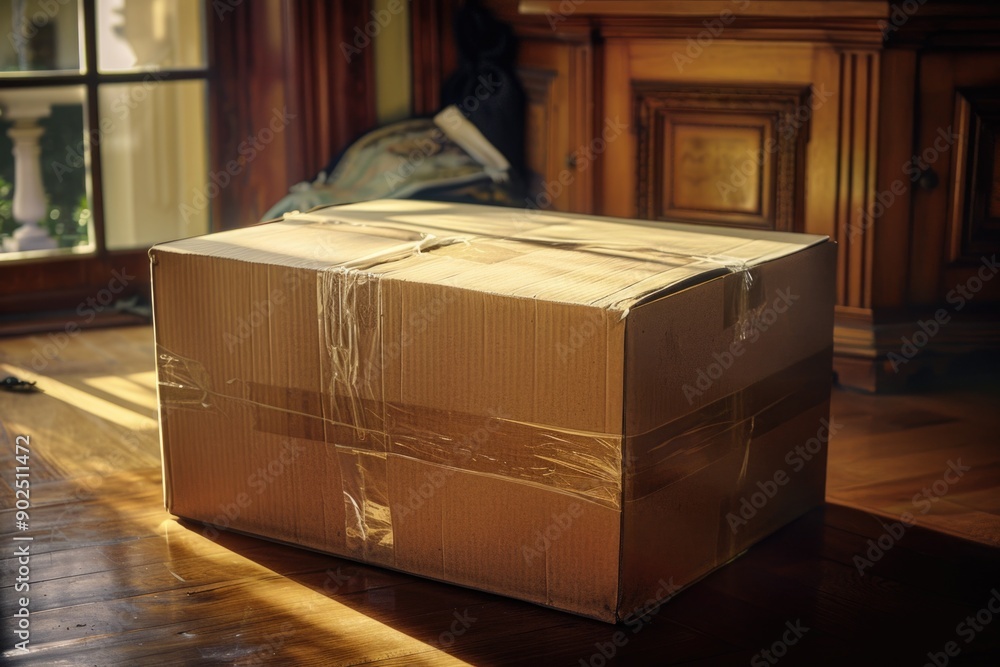 Poster a simple cardboard box placed on a wooden floor, ideal for use in product photography or as a prop i
