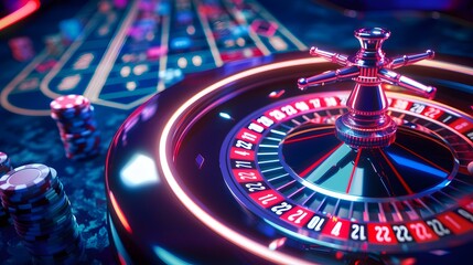 Gaming table in Casino with roullete and chips.