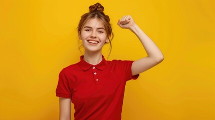 A woman stands with her fist raised, possibly in protest or defiance