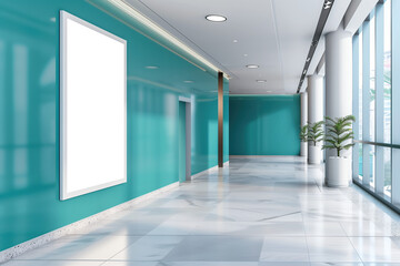 Vertical Blank Advertising Billboard in Modern Interior with Tiled Floor and Teal Background, Marketing Display Concept, 3D Rendering