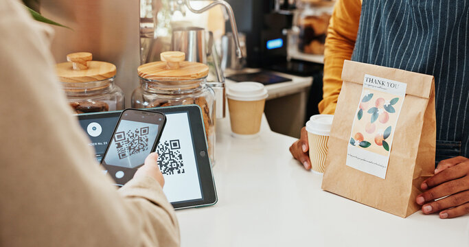 Person, smartphone and scan to pay in coffee shop for food or beverage, ecommerce and digital checkout. Customer, waiter and qr code with tablet for mobile banking, nfc payment and online transaction