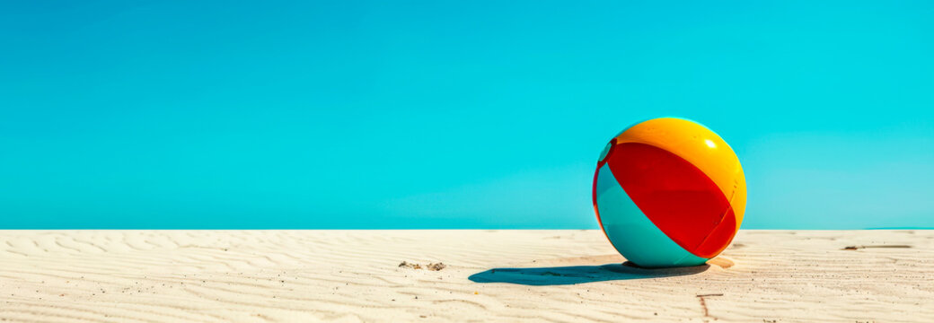 Beach ball on sand and blue sky in the background