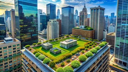 Aerial View of Green Roof in Urban Skyline, cityscape , rooftop , architecture , urban design