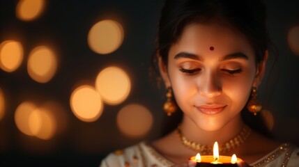 A woman in a white and gold sari holds a lit diya, her eyes closed in prayer