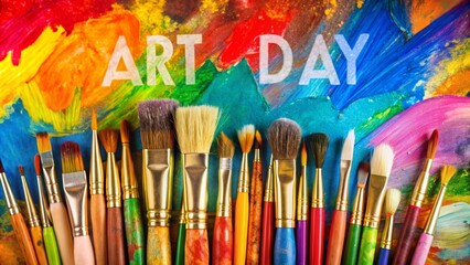 Fototapeta premium Art Day Celebration Paintbrushes on a Colorful Canvas, art , painting , brushes , palette