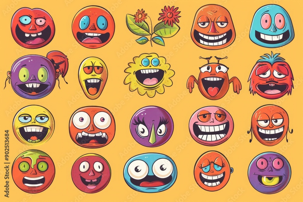 Poster a collection of cartoon characters showcasing various facial expressions, perfect for illustration o