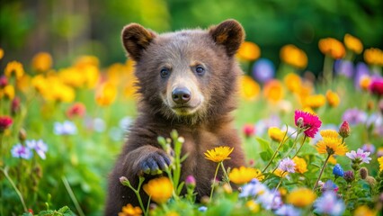 Fototapeta premium Bear Cub in a Field of Flowers, Portrait, Close Up, Wildlife, Nature , bear cub , flower field