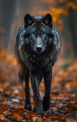 A black wolf is walking through a forest with leaves on the ground